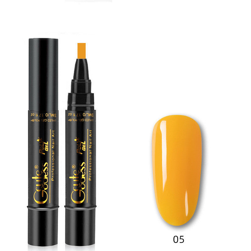 Nail glue pen with orange cap and orange gel swatch labeled 05