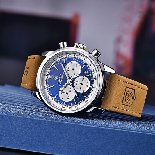 BENYAR quartz watch with blue dial, silver-tone case and tan strap resting on a blue surface