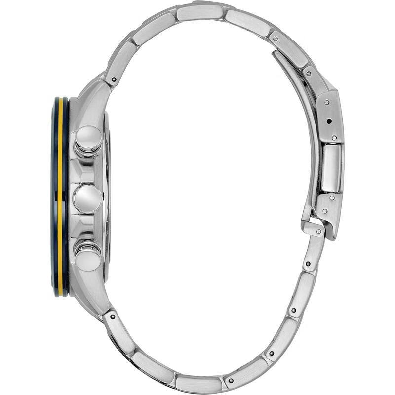 Close-up of a silver watch with a yellow accent on a white background