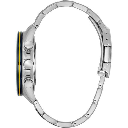 Close-up of a silver watch with a yellow accent on a white background