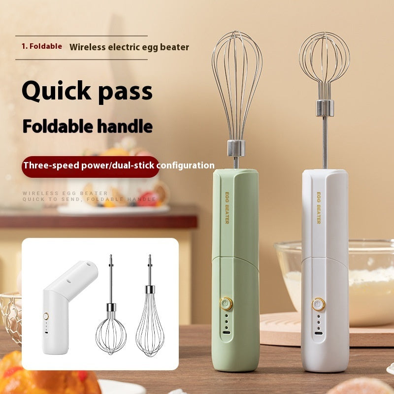 Wireless electric egg beaters, mint green and white, with wire whisk attachments