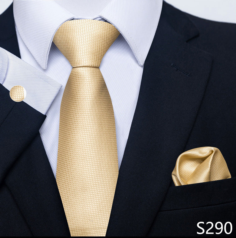 Men's formal champagne-gold textured tie set with matching pocket square and cuff link
