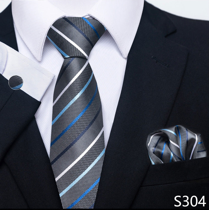 Men's formal tie and pocket square set, navy with light diagonal stripes
