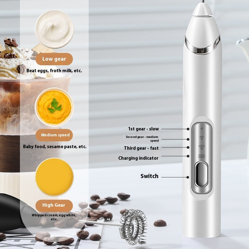 White handheld electric milk frother with speed control buttons