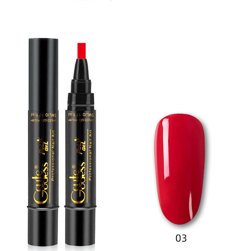 Nail glue pen with red cap and red gel swatch labeled 03