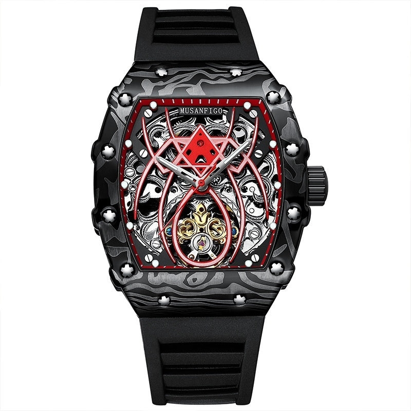 Automatic mechanical watch with black silicone strap, red-accent skeleton dial