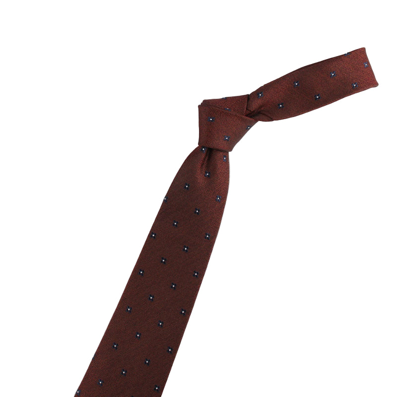 Brown tie with black dots and two decorative pins on a white background
