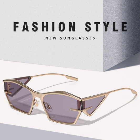 Gold-framed sunglasses with purple lenses on a light gray background, featuring the text 'Fashion Style New Sunglasses'.