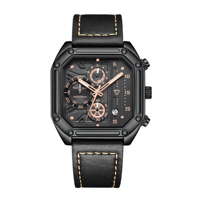 Black wristwatch with detailed face on a white background