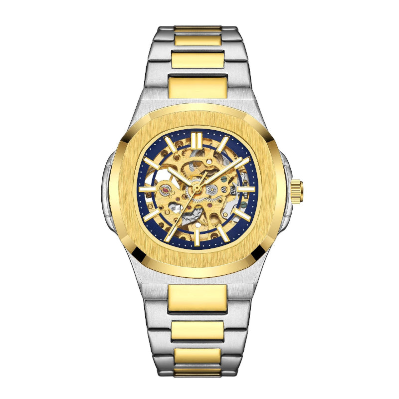 Two-tone silver and gold skeleton watch with blue dial and metal bracelet