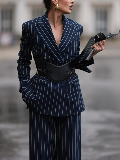 Women's Striped Blazer & High Waist Pants Set