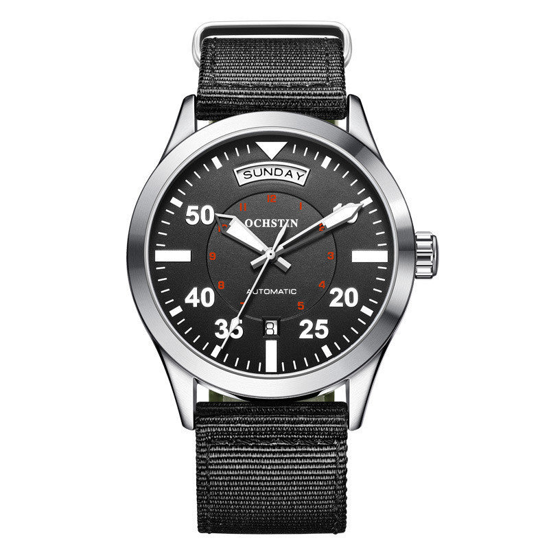Black wristwatch with a detailed face on a white background