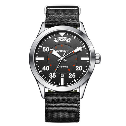 Black wristwatch with a detailed face on a white background