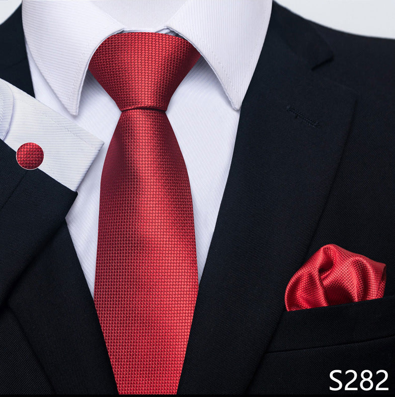 Men's formal tie scarf cuff buckle set in deep red textured with tie and matching pocket square