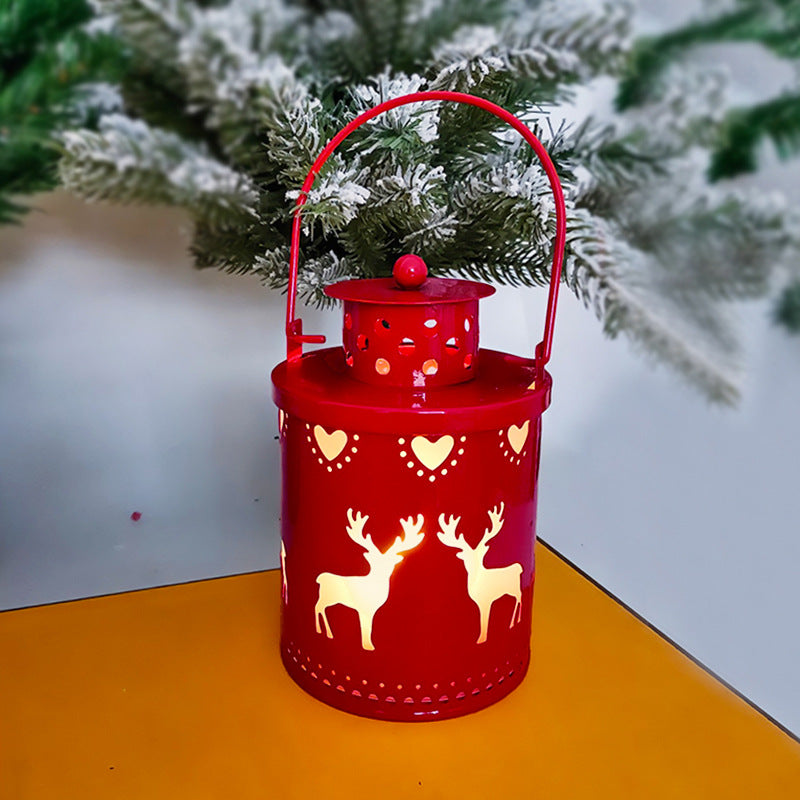 Red LED Christmas lantern candle with heart and reindeer cutouts, arched handle