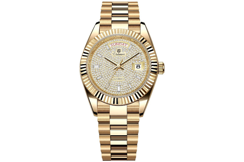 Gold-tone men’s automatic mechanical watch with sparkling textured champagne dial and date window