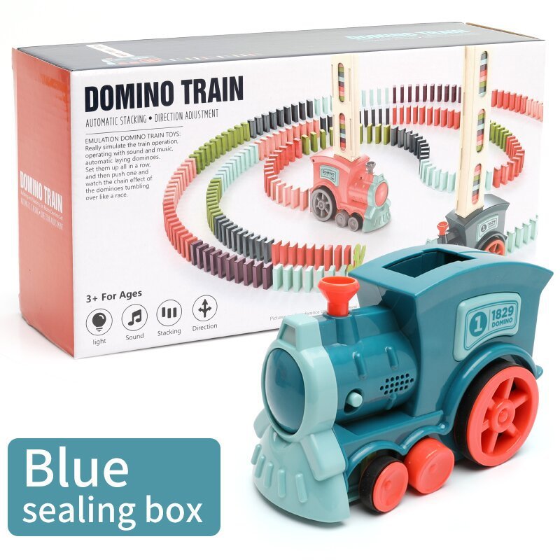 Boxed domino train car set with blue locomotive and colorful track rails