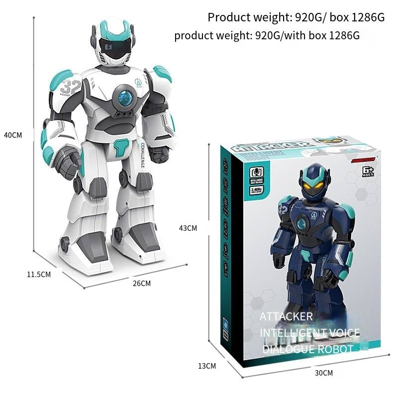 Intelligent voice dialogue robot toy with box, blue robot with teal glowing face and chest light