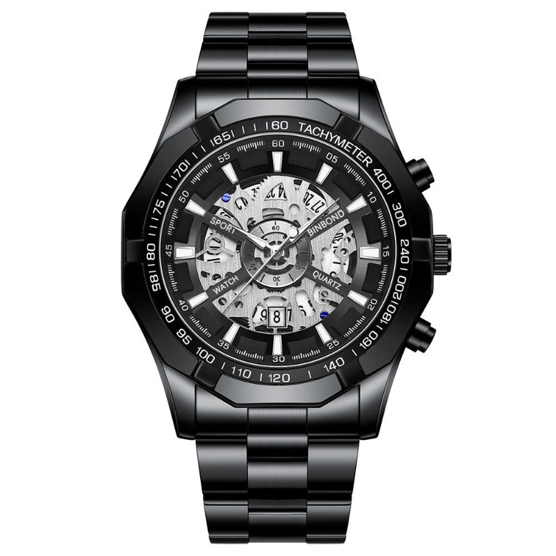Men's skeleton quartz watch with black steel case, black bezel, and white skeleton dial.