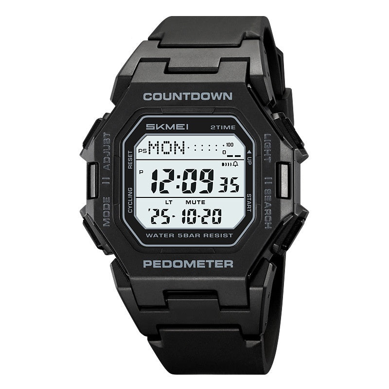 Black SKMEI digital sports watch shown from the front with a time, day and date display