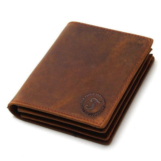 Brown leather wallet with a brand logo on a white background