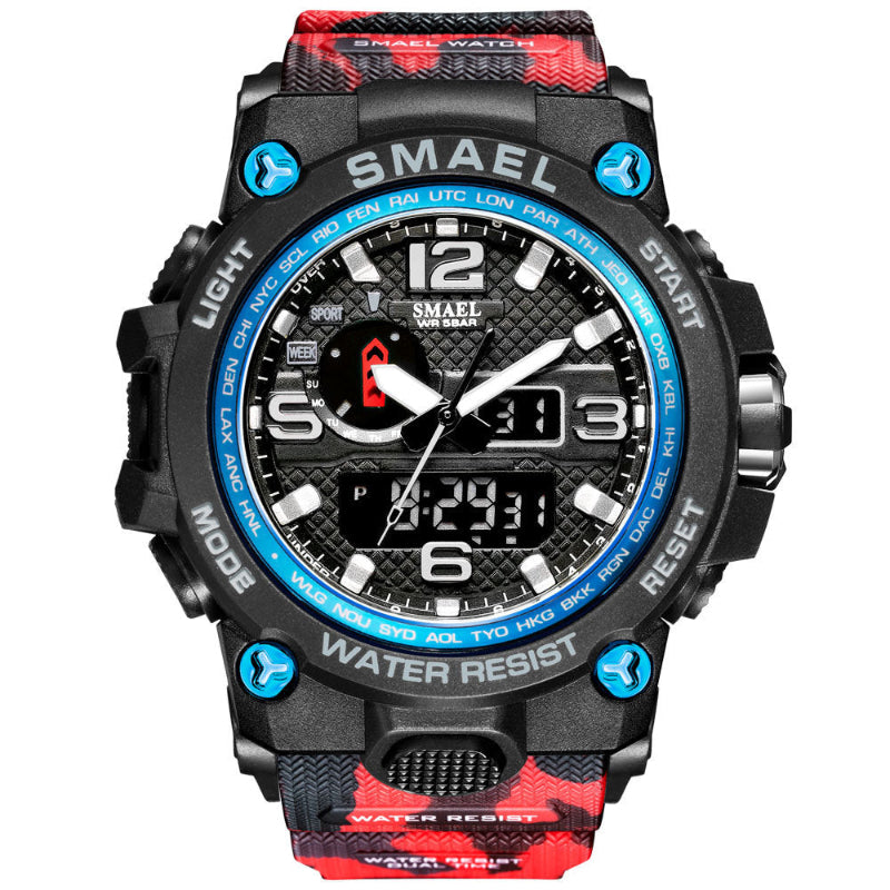 Men's luminous sports alarm watch, black case, blue dial, red/black strap.