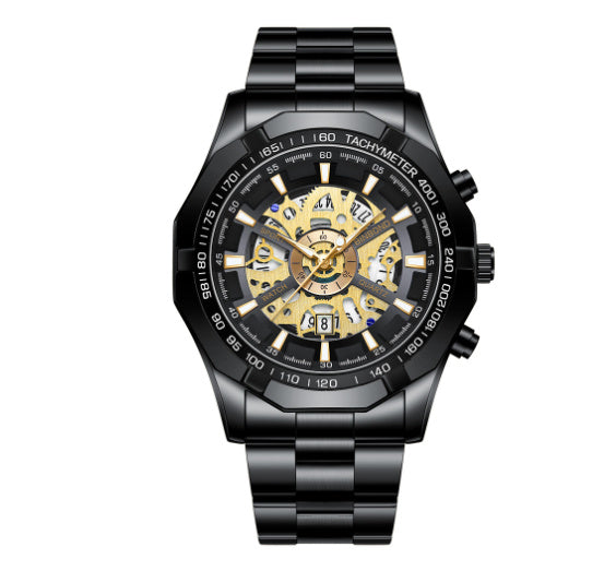 Men's skeleton quartz watch with black steel case and bezel, and gold-toned skeleton dial.