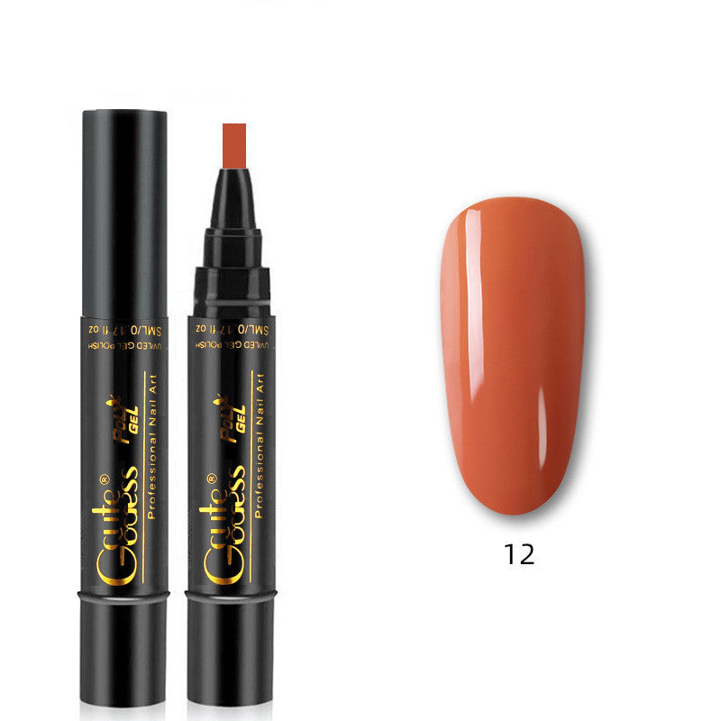Nail glue pen with orange cap and orange gel swatch labeled 12