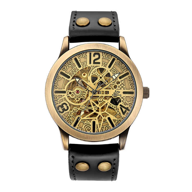Mechanical watch with black leather strap and gold-tone skeleton dial