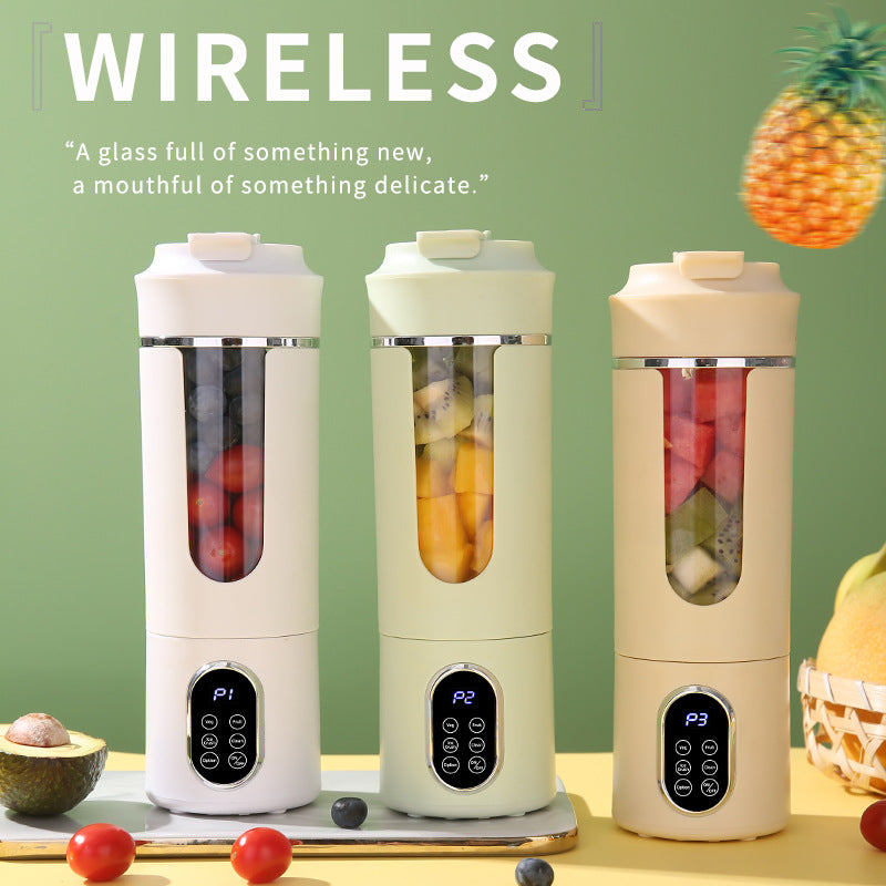 Portable rechargeable juice blender set: white, light green, and beige with control panels.
