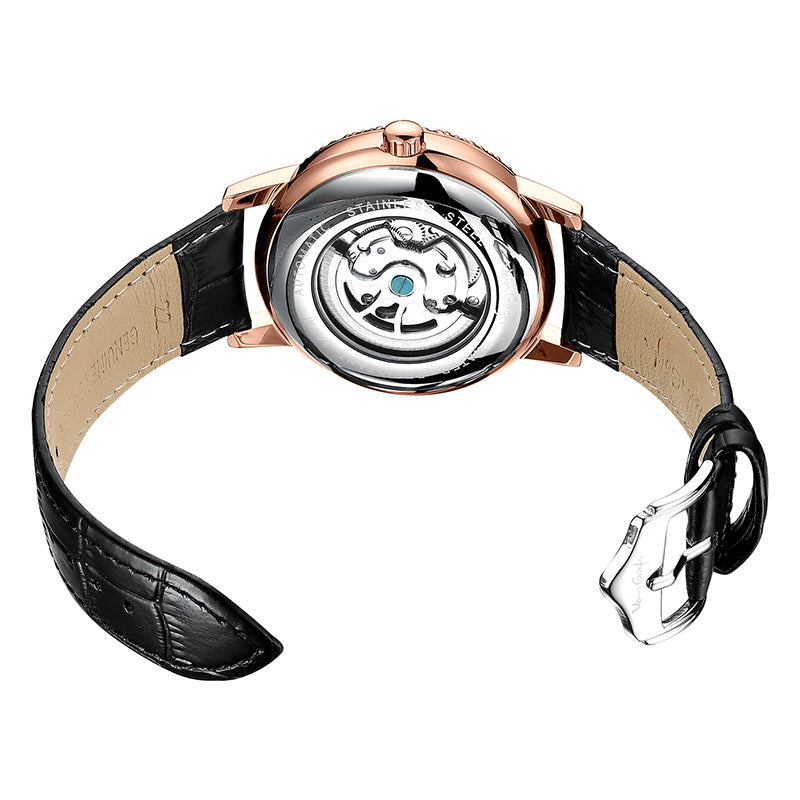 Men's watch caseback on black leather strap with rose gold-tone case and clasp