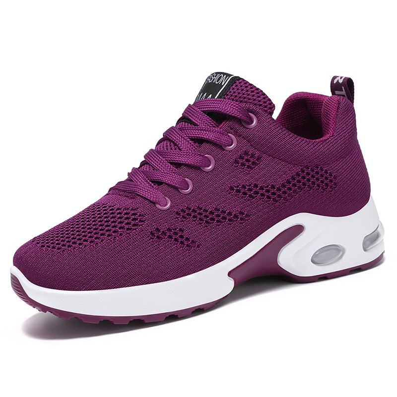 Purple lace-up knit running sneaker with white air-cushion sole, cushioned tread