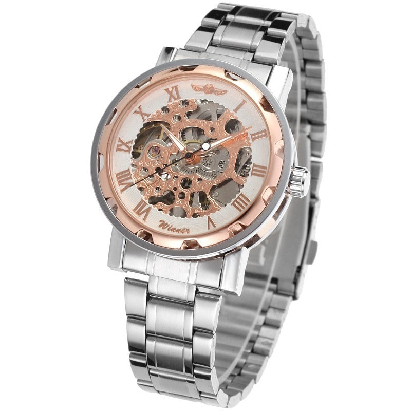 Mechanical skeleton watch with rose-gold dial and exposed gears, silver metal band