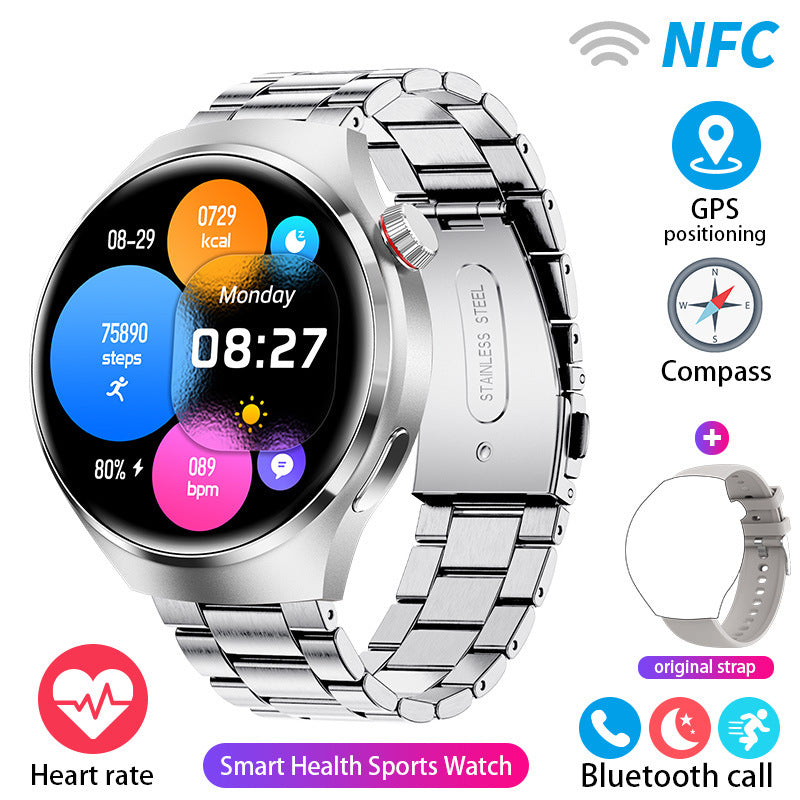 Silver-color round smartwatch with link bracelet and colorful activity circles on the screen