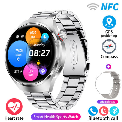 Silver-color round smartwatch with link bracelet and colorful activity circles on the screen