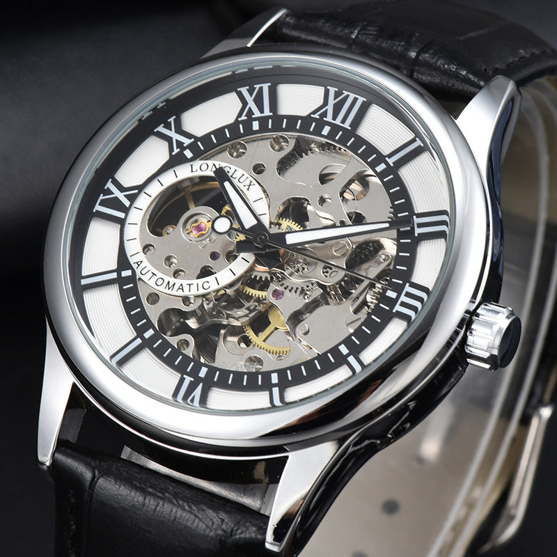 Luxury watch with black leather strap and visible mechanical components on a dark background