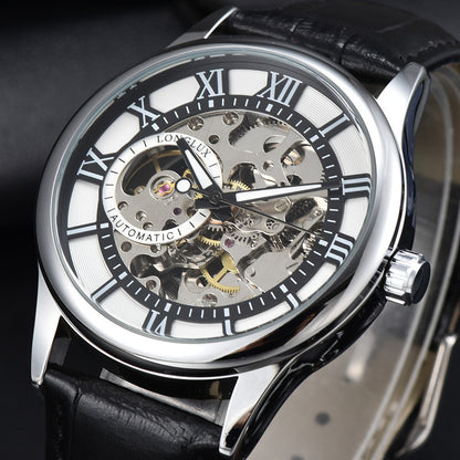 Luxury watch with black leather strap and visible mechanical components on a dark background