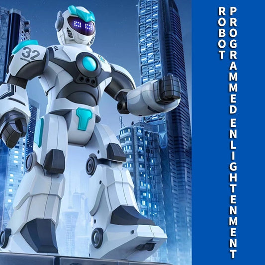 Robotic figure with teal accents in an urban setting, text on the right side.