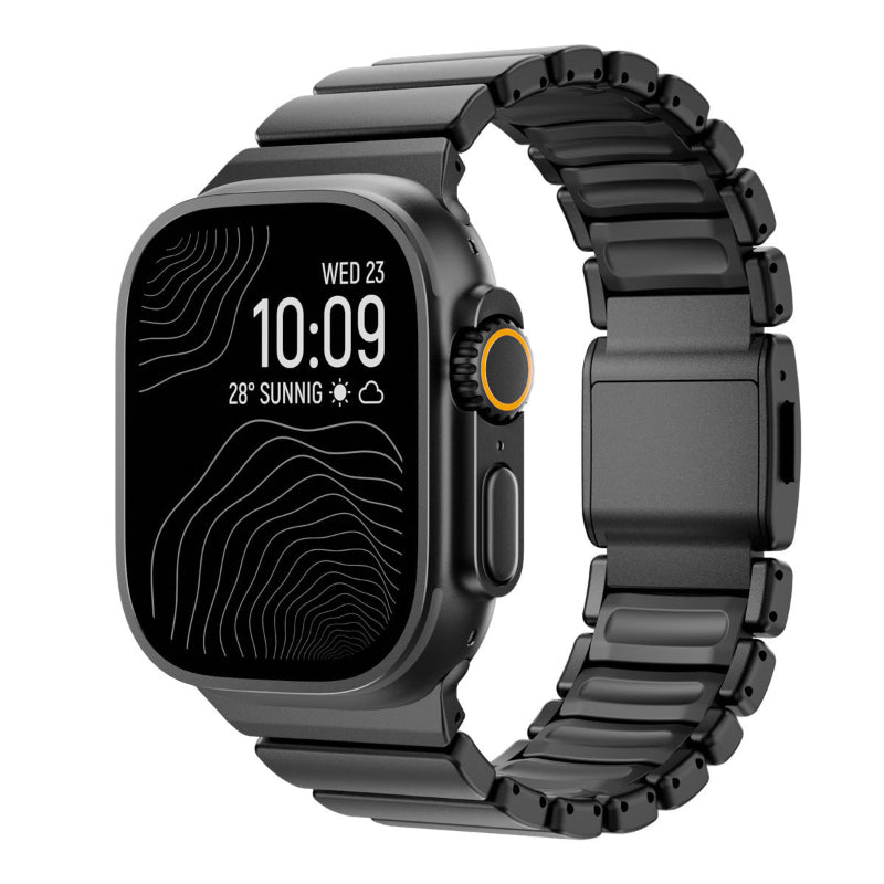 Smartwatch with a black metal band on a white background