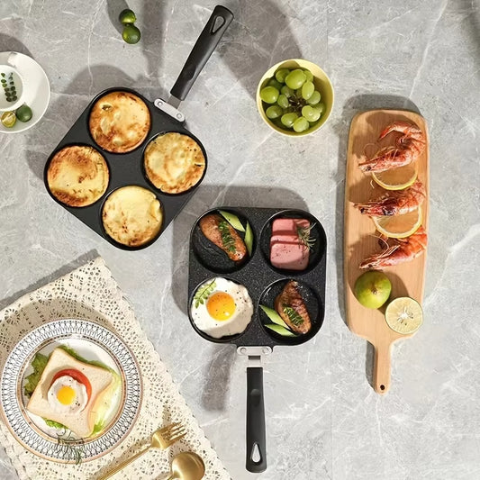 Multifunctional kitchen pan with various food items on a gray surface