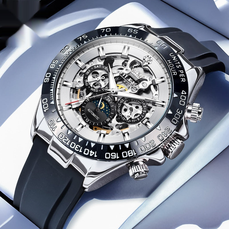 Luxury watch with black strap and intricate design on a light blue background