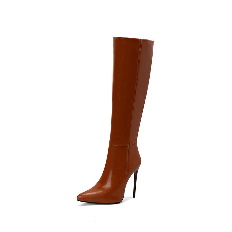 Brown pointed-toe stiletto boots with side zipper, below-knee height