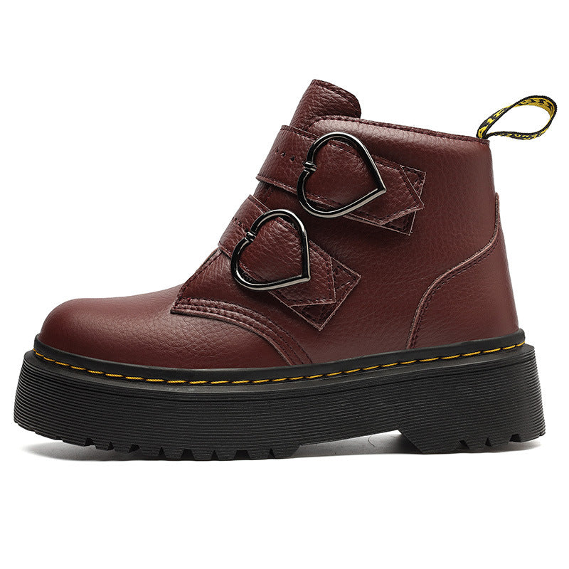 Women's thick-soled boots, brown upper with heart-shaped buckle straps