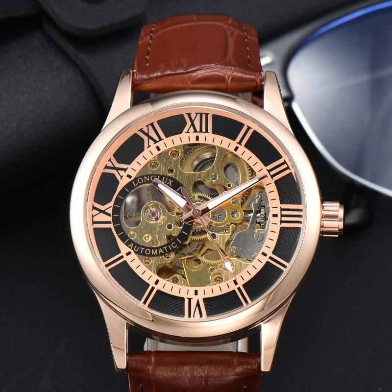 Mechanical skeleton watch with Roman numerals, black dial, rose-gold case, brown leather strap