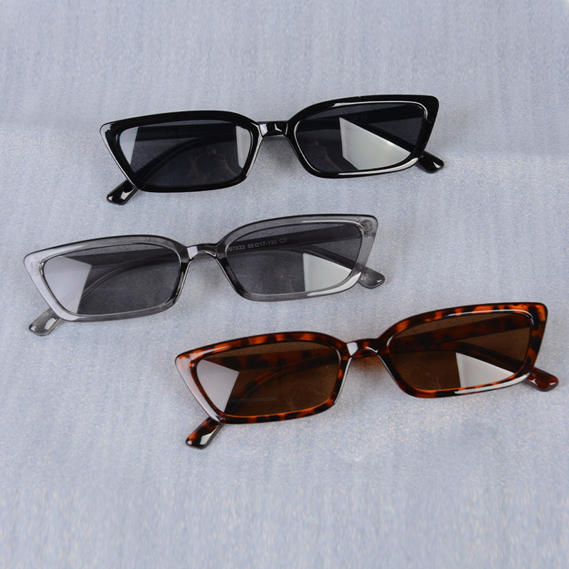 Three rectangle resin sunglasses: black, clear grey, and tortoise frames