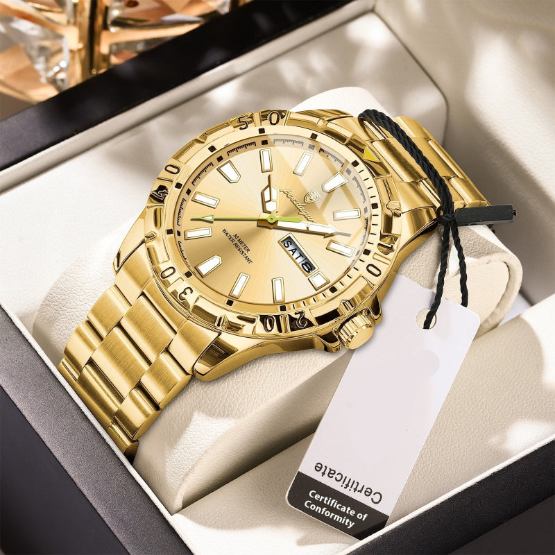 Gold wristwatch with a tag on a white cushion in a box
