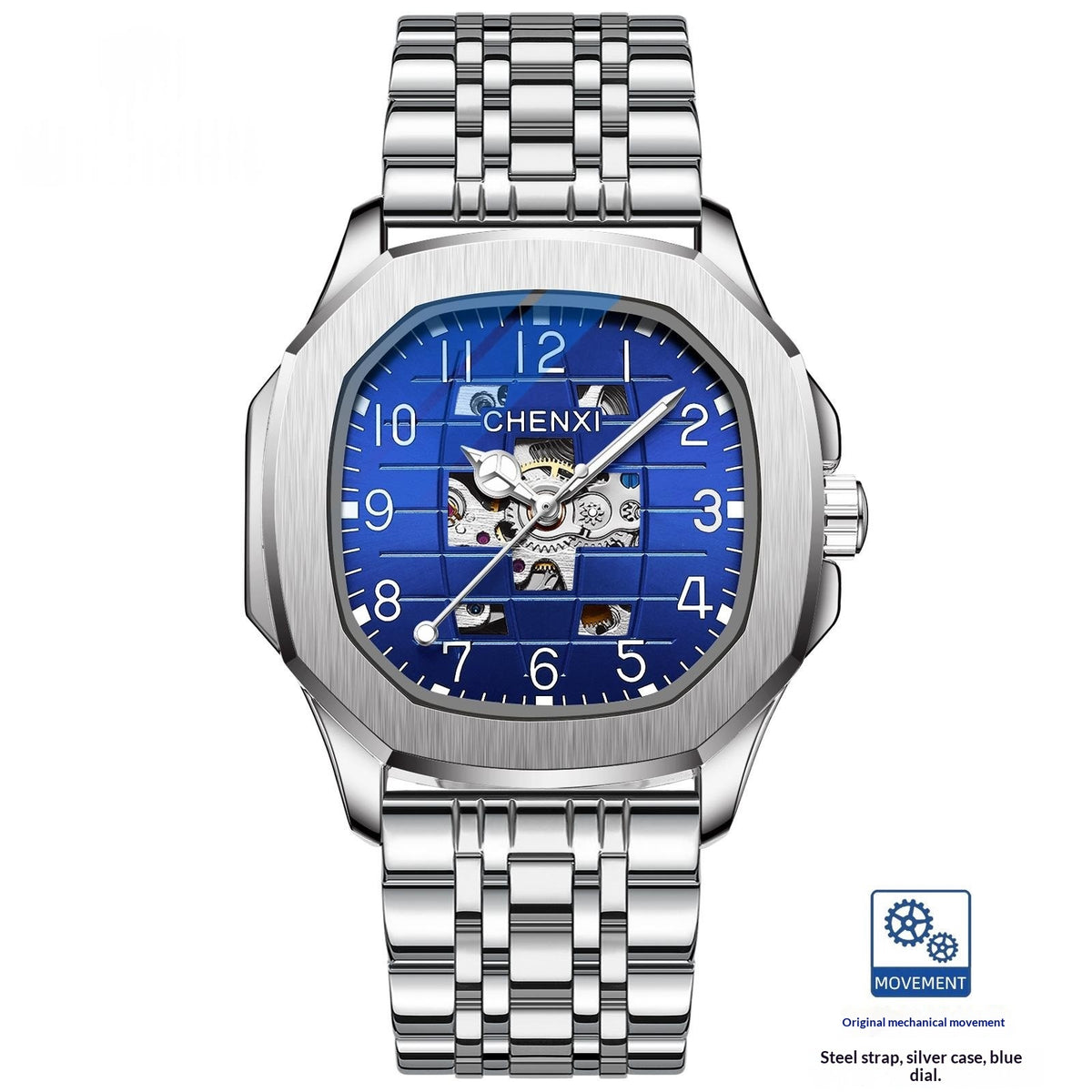 Square mechanical men's watch, silver bracelet, blue dial with skeleton hands and white markers