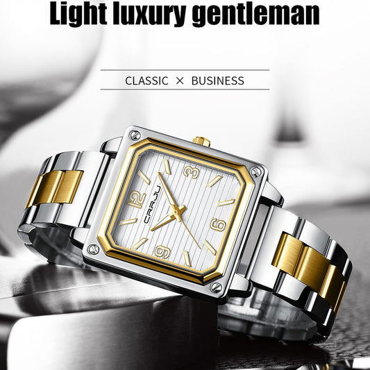 Unisex square waterproof quartz watch, gold-and-silver metal bracelet, white dial, gold markers