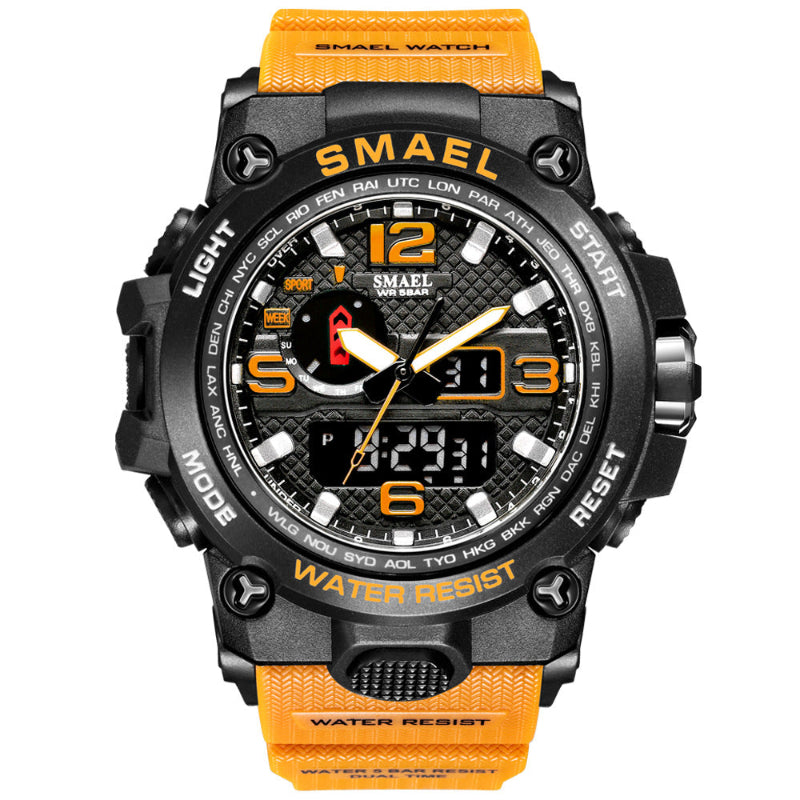 Men's luminous sports alarm watch, black case, orange dial, orange/black strap.