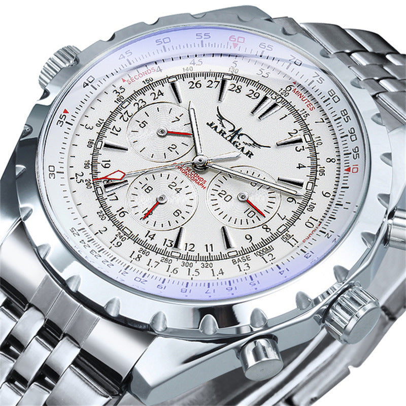 Men's mechanical chronograph watch with silver bracelet, light dial, red accents and subdials